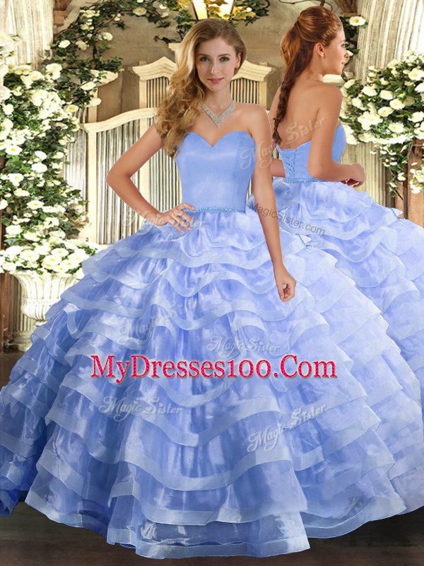 Free and Easy Sweetheart Sleeveless Sweet 16 Quinceanera Dress Floor Length Ruffled Layers Lavender Organza