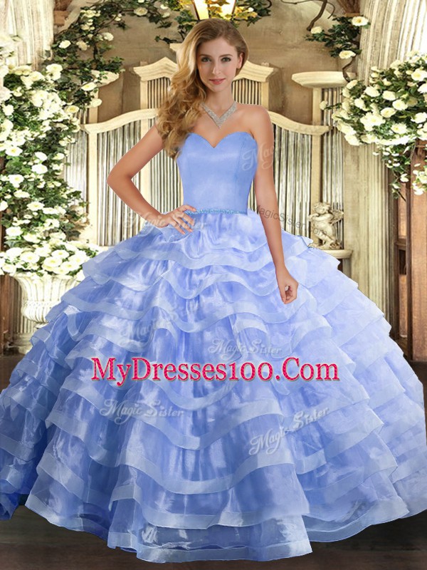 Free and Easy Sweetheart Sleeveless Sweet 16 Quinceanera Dress Floor Length Ruffled Layers Lavender Organza
