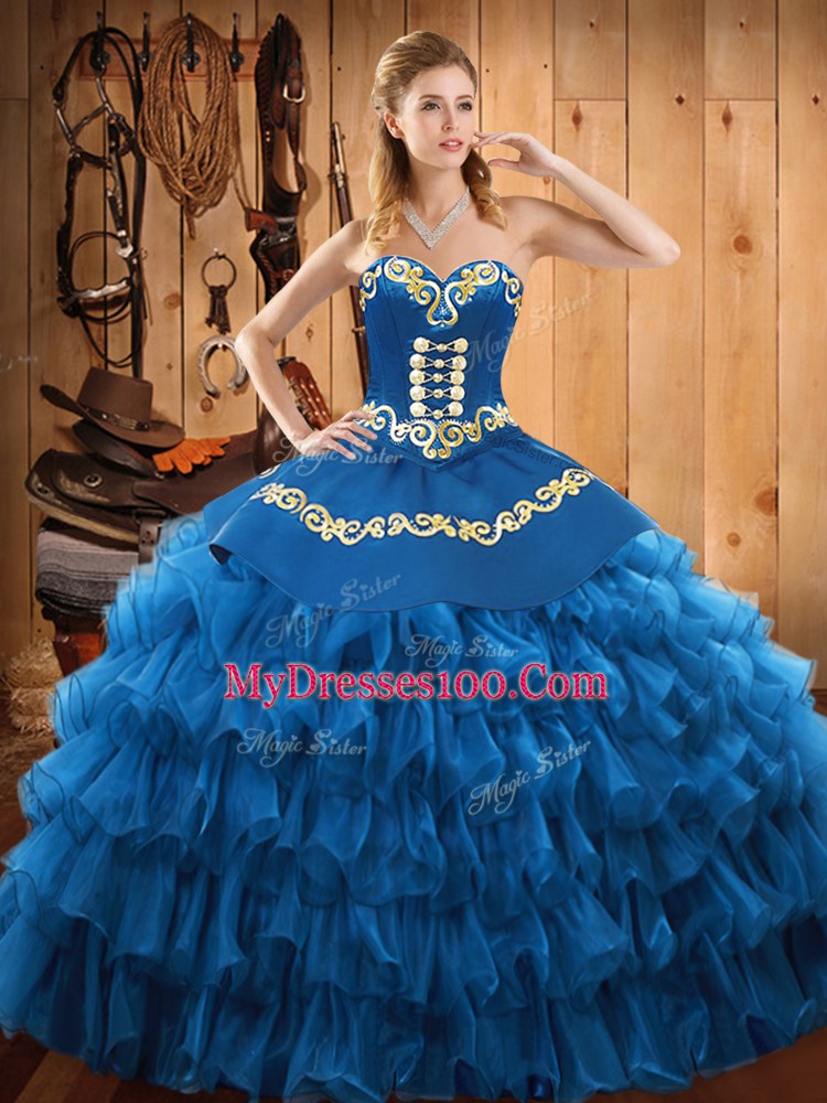 Ball Gowns Sweet 16 Dresses Blue Sweetheart Satin and Organza Sleeveless Floor Length Lace Up
