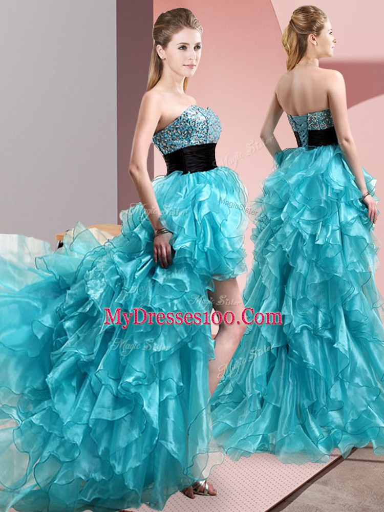 Aqua Blue A-line Sweetheart Sleeveless Organza High Low Lace Up Beading and Ruffles