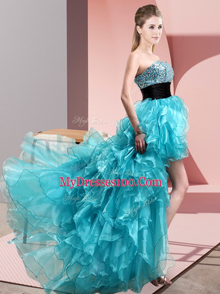 Aqua Blue A-line Sweetheart Sleeveless Organza High Low Lace Up Beading and Ruffles