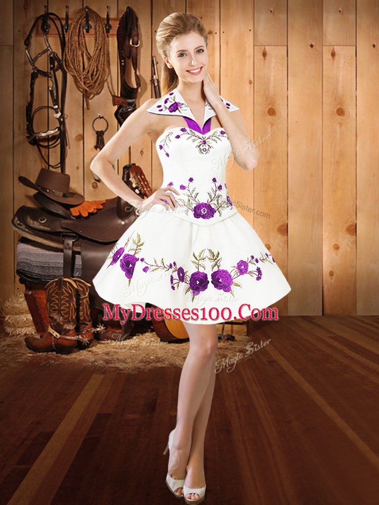 White Lace Up Prom Dresses Embroidery Sleeveless Mini Length