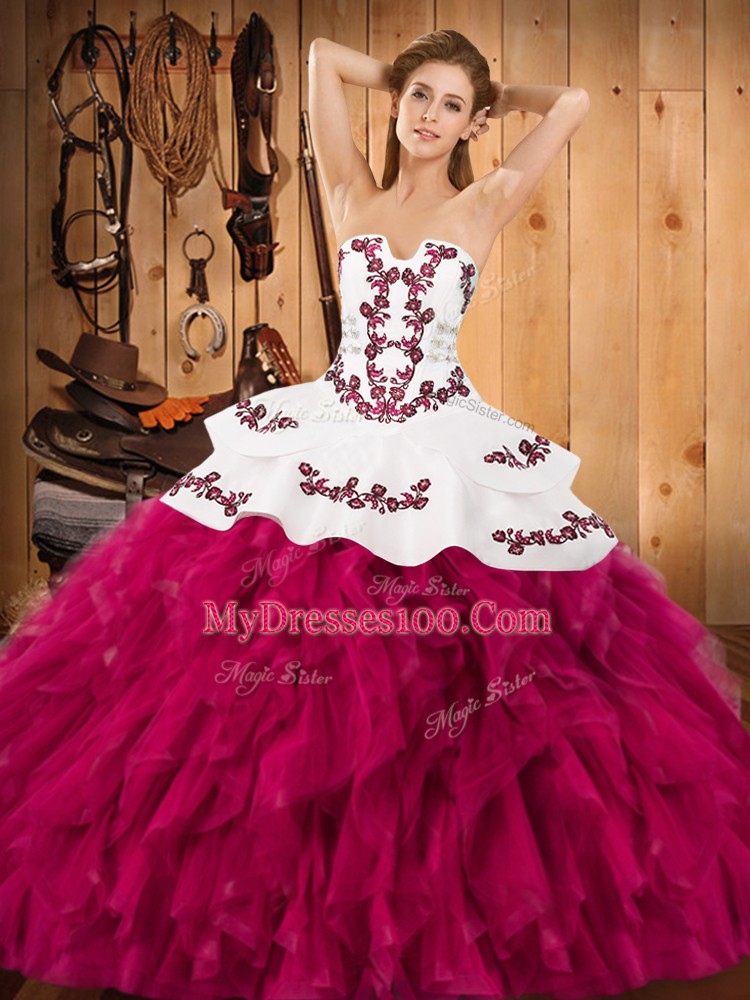 Pretty Floor Length Fuchsia Quinceanera Gown Satin and Organza Sleeveless Embroidery and Ruffles