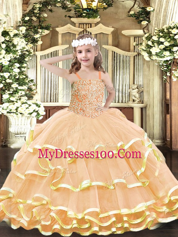 Beading and Ruffled Layers Little Girls Pageant Dress Peach Lace Up Sleeveless Floor Length