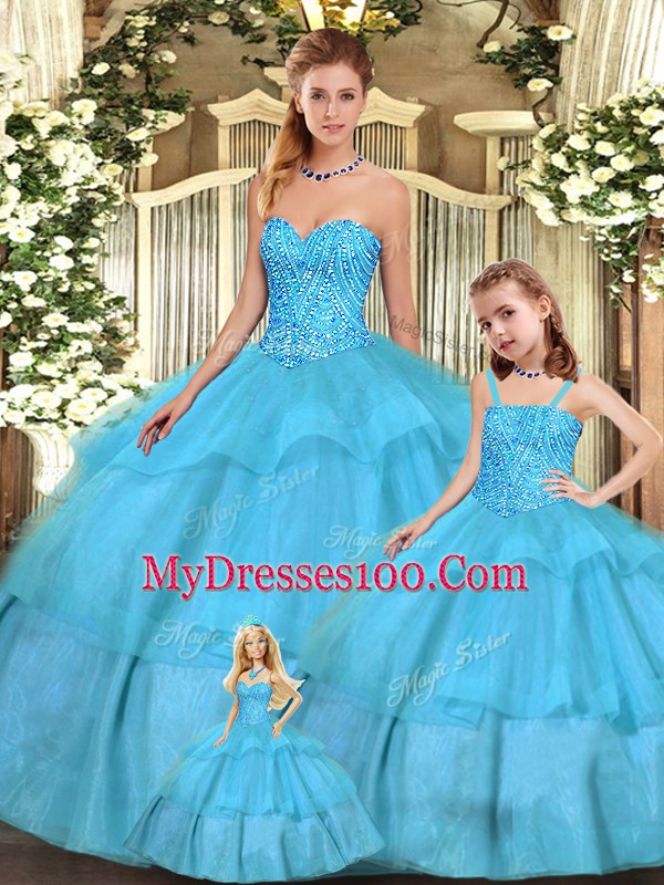 Customized Aqua Blue Sleeveless Floor Length Beading and Ruffled Layers Lace Up 15 Quinceanera Dress