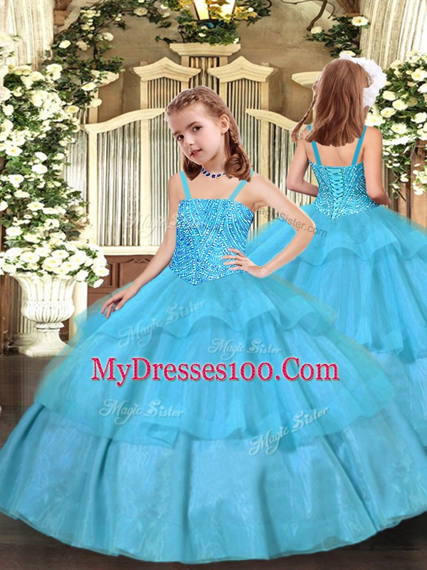 Customized Aqua Blue Sleeveless Floor Length Beading and Ruffled Layers Lace Up 15 Quinceanera Dress