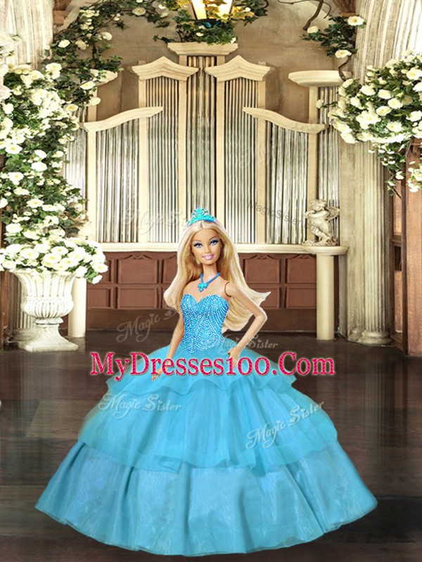Customized Aqua Blue Sleeveless Floor Length Beading and Ruffled Layers Lace Up 15 Quinceanera Dress