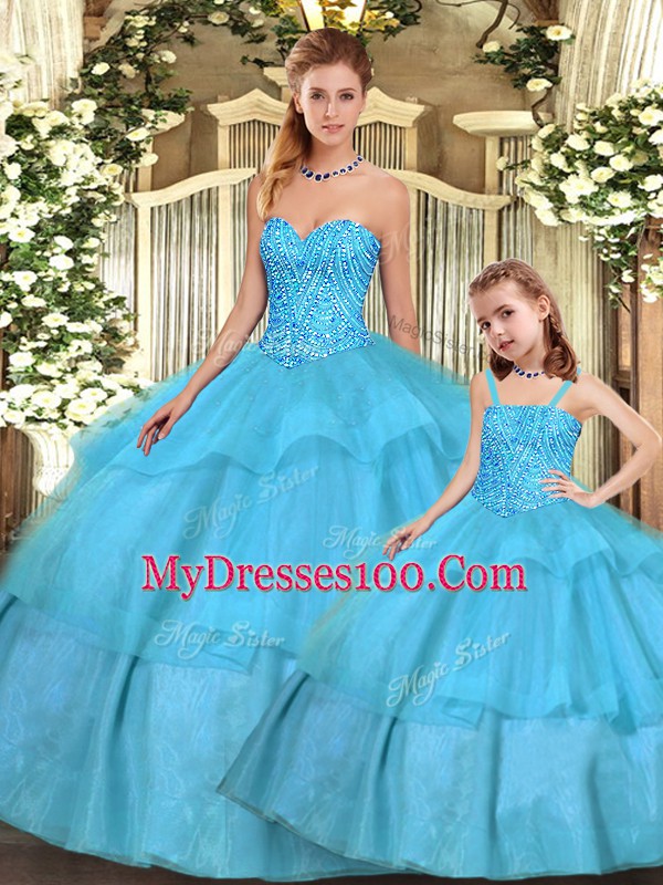 Customized Aqua Blue Sleeveless Floor Length Beading and Ruffled Layers Lace Up 15 Quinceanera Dress