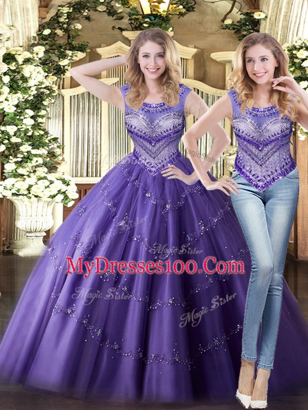 Sleeveless Floor Length Beading Lace Up 15 Quinceanera Dress with Purple
