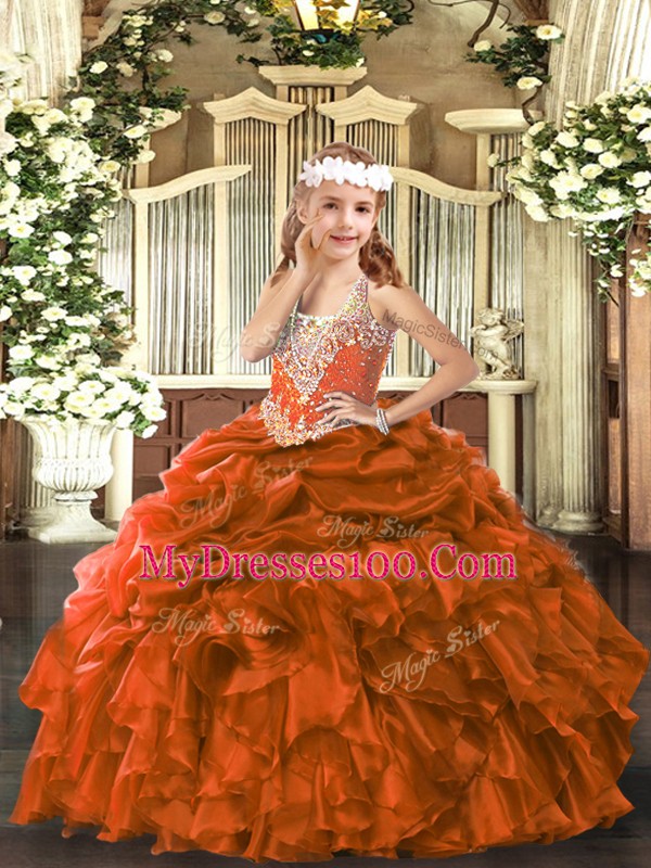 Rust Red Lace Up V-neck Beading and Ruffles and Pick Ups Kids Formal Wear Organza Sleeveless