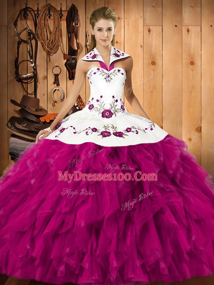 Fuchsia Halter Top Neckline Embroidery and Ruffles Vestidos de Quinceanera Sleeveless Lace Up