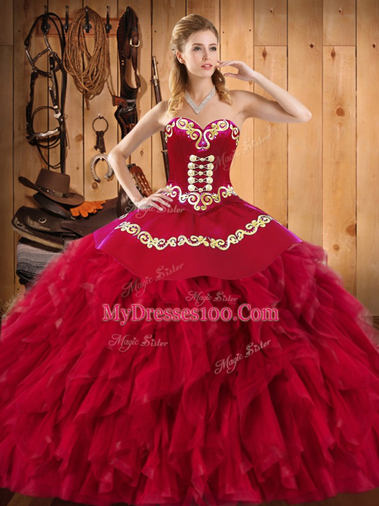 Modest Wine Red Sleeveless Satin and Organza Lace Up 15th Birthday Dress for Military Ball and Sweet 16 and Quinceanera