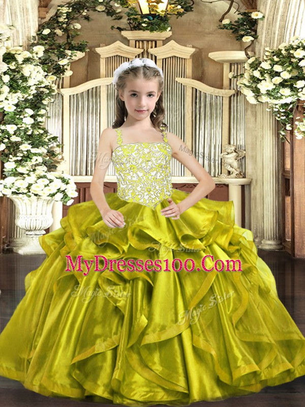 Custom Made Floor Length Ball Gowns Sleeveless Yellow Green Kids Pageant Dress Lace Up