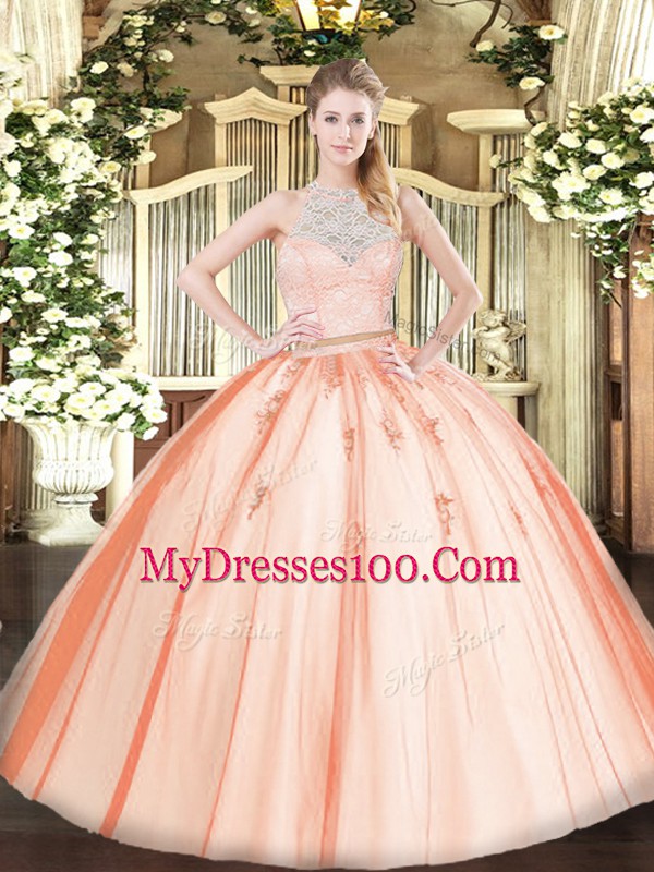 Sleeveless Floor Length Lace and Appliques Zipper 15th Birthday Dress with Orange