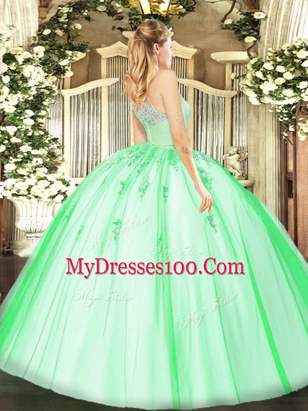 Sleeveless Floor Length Lace and Appliques Zipper 15th Birthday Dress with Orange