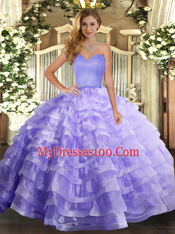 Flare Lavender Lace Up Quinceanera Gown Ruffled Layers Sleeveless Floor Length