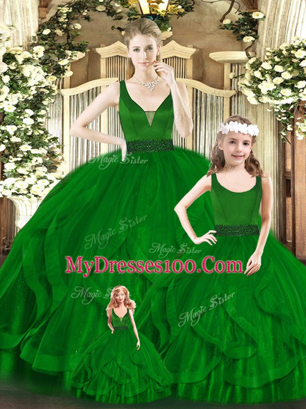 Sophisticated Green Vestidos de Quinceanera Military Ball and Sweet 16 and Quinceanera with Beading and Ruffles V-neck Sleeveless Zipper