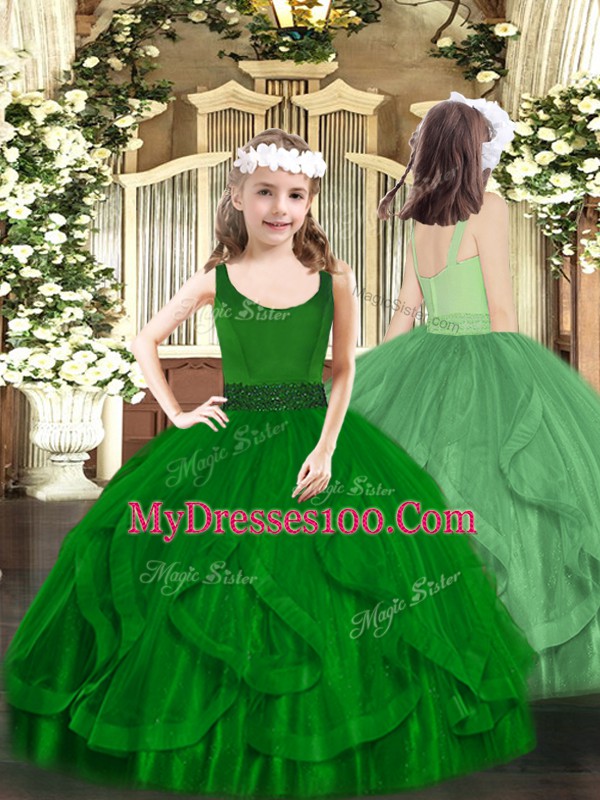 Sophisticated Green Vestidos de Quinceanera Military Ball and Sweet 16 and Quinceanera with Beading and Ruffles V-neck Sleeveless Zipper