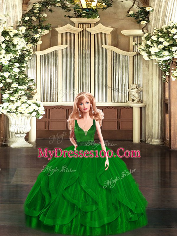Sophisticated Green Vestidos de Quinceanera Military Ball and Sweet 16 and Quinceanera with Beading and Ruffles V-neck Sleeveless Zipper