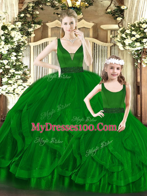 Sophisticated Green Vestidos de Quinceanera Military Ball and Sweet 16 and Quinceanera with Beading and Ruffles V-neck Sleeveless Zipper