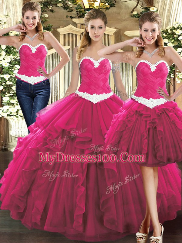 Fashion Fuchsia Tulle Lace Up Sweetheart Sleeveless Floor Length Vestidos de Quinceanera Ruffles
