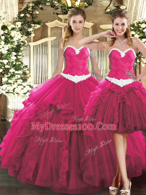 Fashion Fuchsia Tulle Lace Up Sweetheart Sleeveless Floor Length Vestidos de Quinceanera Ruffles