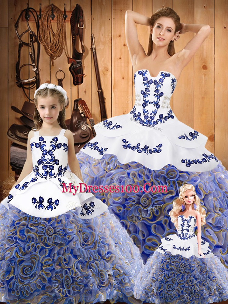 Best Selling Multi-color Lace Up Strapless Embroidery Quinceanera Gowns Fabric With Rolling Flowers Sleeveless Sweep Train