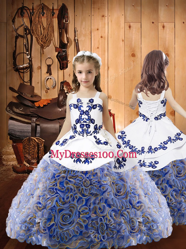 Best Selling Multi-color Lace Up Strapless Embroidery Quinceanera Gowns Fabric With Rolling Flowers Sleeveless Sweep Train