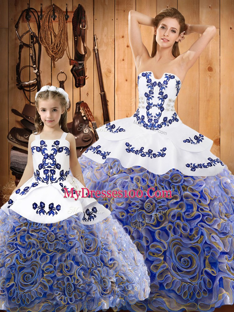 Best Selling Multi-color Lace Up Strapless Embroidery Quinceanera Gowns Fabric With Rolling Flowers Sleeveless Sweep Train