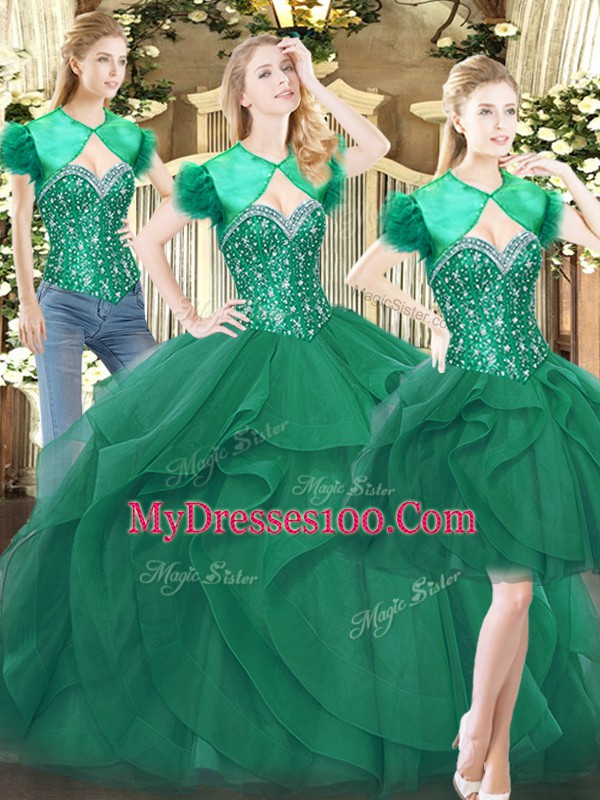 Dark Green Ball Gowns Beading and Ruffles Quinceanera Dress Lace Up Tulle Sleeveless Floor Length