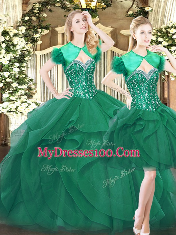 Dark Green Ball Gowns Beading and Ruffles Quinceanera Dress Lace Up Tulle Sleeveless Floor Length
