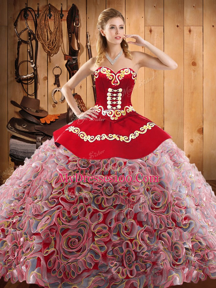 Best Selling Multi-color Ball Gowns Satin and Fabric With Rolling Flowers Sweetheart Sleeveless Embroidery With Train Lace Up 15th Birthday Dress Sweep Train