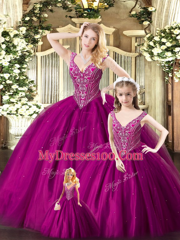 Flare Fuchsia Sleeveless Floor Length Beading Lace Up Quinceanera Dresses