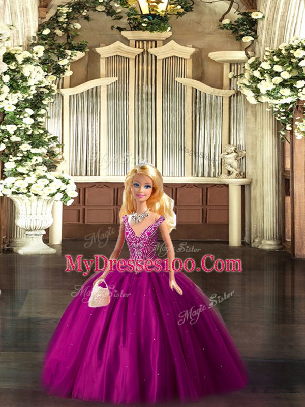 Flare Fuchsia Sleeveless Floor Length Beading Lace Up Quinceanera Dresses
