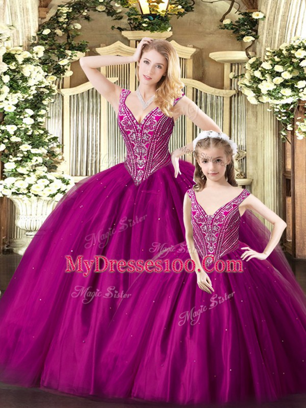 Flare Fuchsia Sleeveless Floor Length Beading Lace Up Quinceanera Dresses