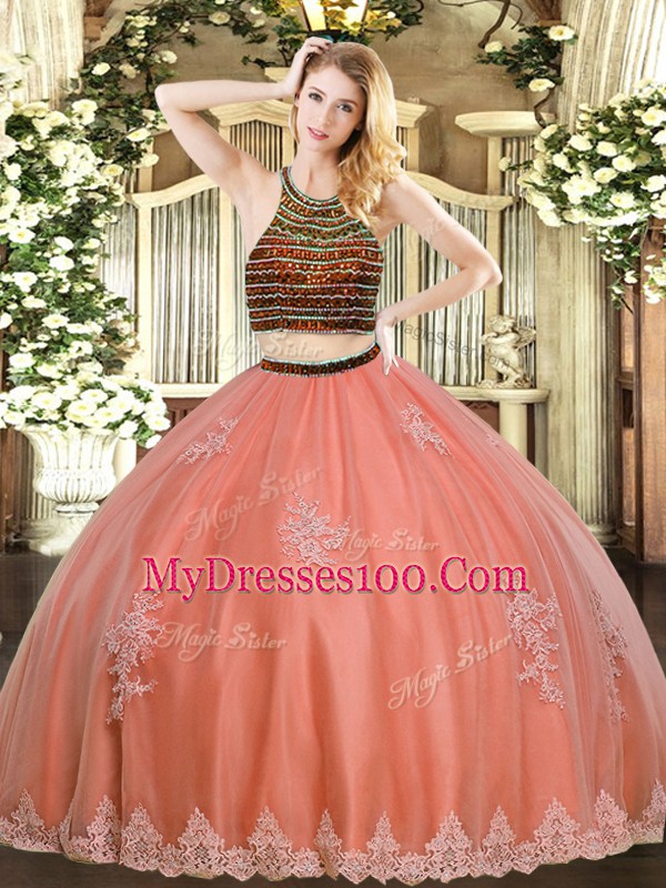 Coral Red Ball Gowns Halter Top Sleeveless Tulle Floor Length Zipper Beading and Appliques Quinceanera Gowns