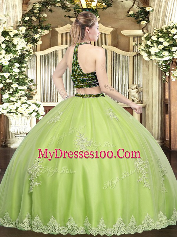 Coral Red Ball Gowns Halter Top Sleeveless Tulle Floor Length Zipper Beading and Appliques Quinceanera Gowns