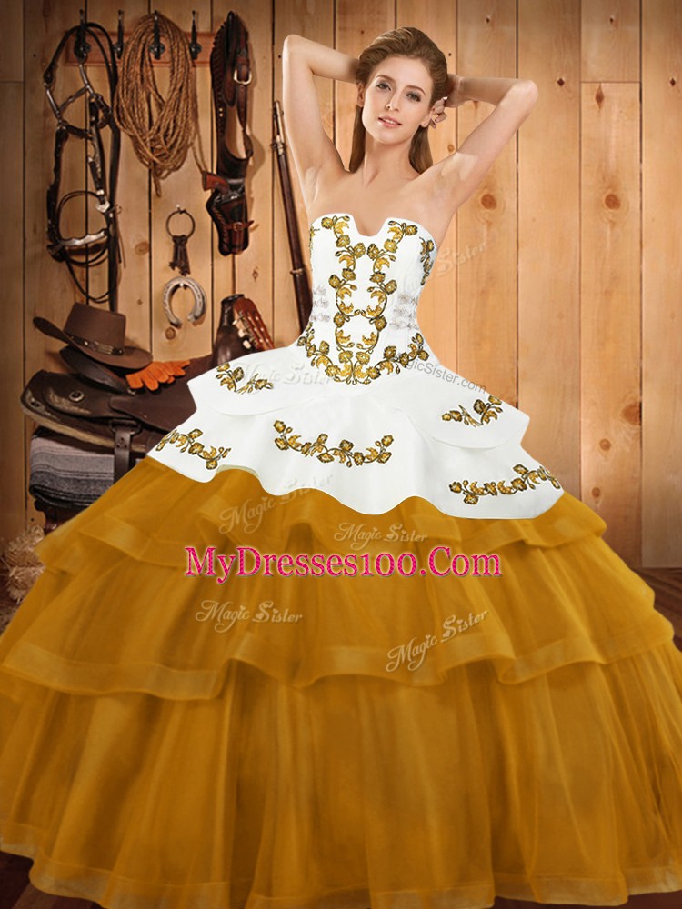 Hot Sale Gold Strapless Lace Up Embroidery and Ruffled Layers Sweet 16 Quinceanera Dress Sweep Train Sleeveless