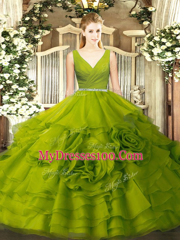 Custom Design Ball Gowns Sweet 16 Dresses Olive Green V-neck Fabric With Rolling Flowers Sleeveless Floor Length Zipper