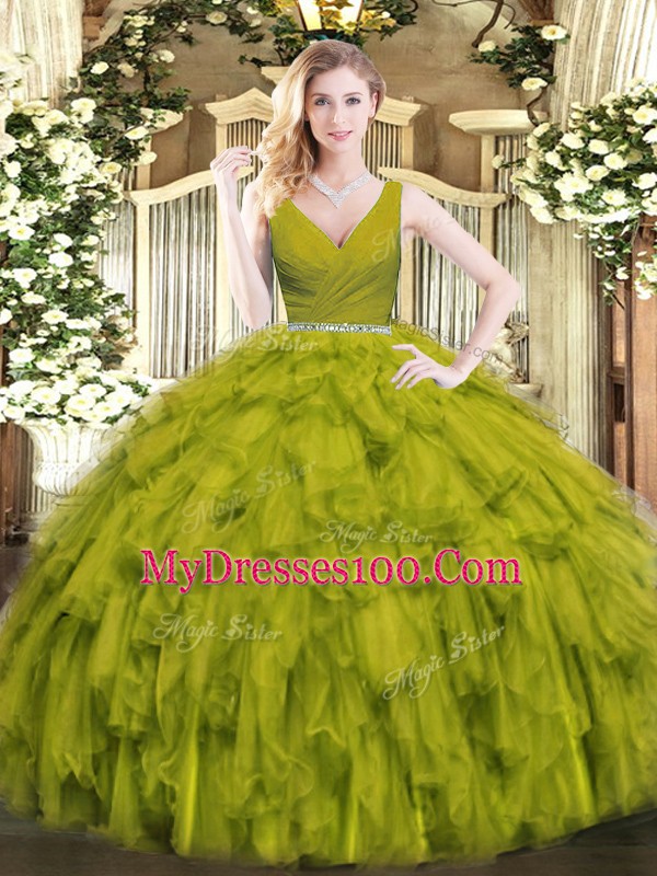 Olive Green Quinceanera Dresses Military Ball and Sweet 16 and Quinceanera with Beading and Ruffles V-neck Sleeveless Zipper
