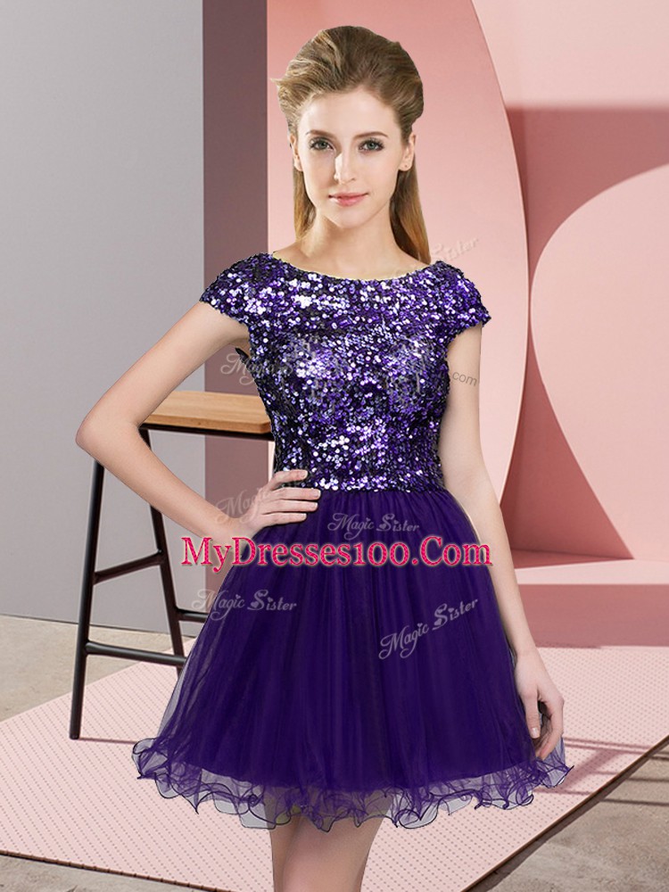 Purple Cap Sleeves Mini Length Sequins Zipper Bridesmaids Dress
