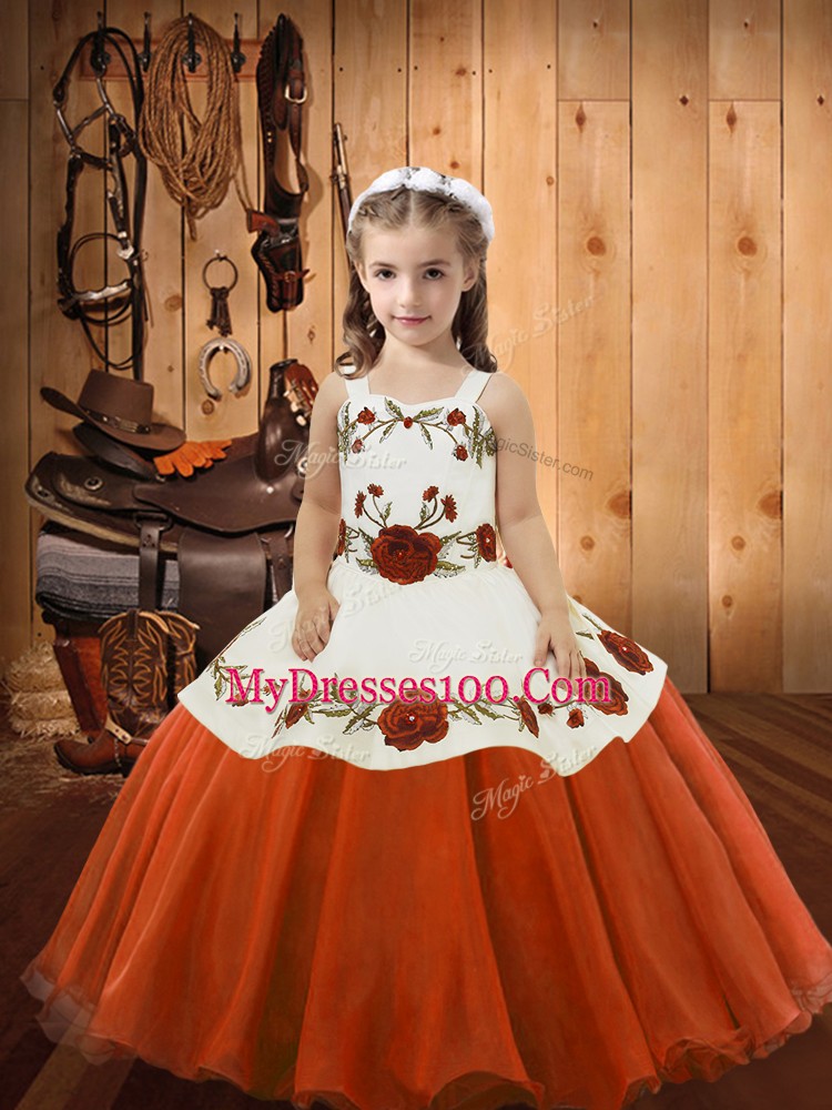 Organza Straps Sleeveless Lace Up Embroidery Girls Pageant Dresses in Orange Red