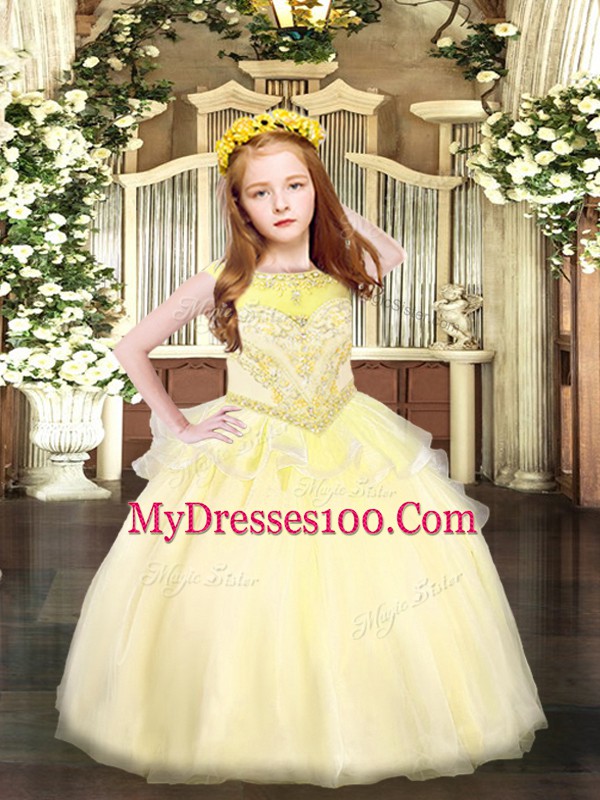 Light Yellow Sleeveless Organza Zipper Kids Pageant Dress for Party and Quinceanera