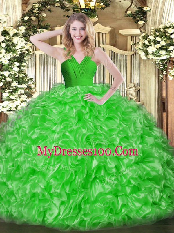 Exceptional Floor Length Green Sweet 16 Quinceanera Dress V-neck Sleeveless Zipper