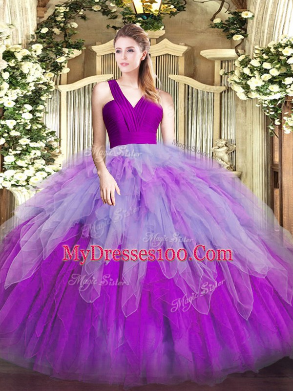 Multi-color Organza Zipper Quince Ball Gowns Sleeveless Floor Length Ruffles