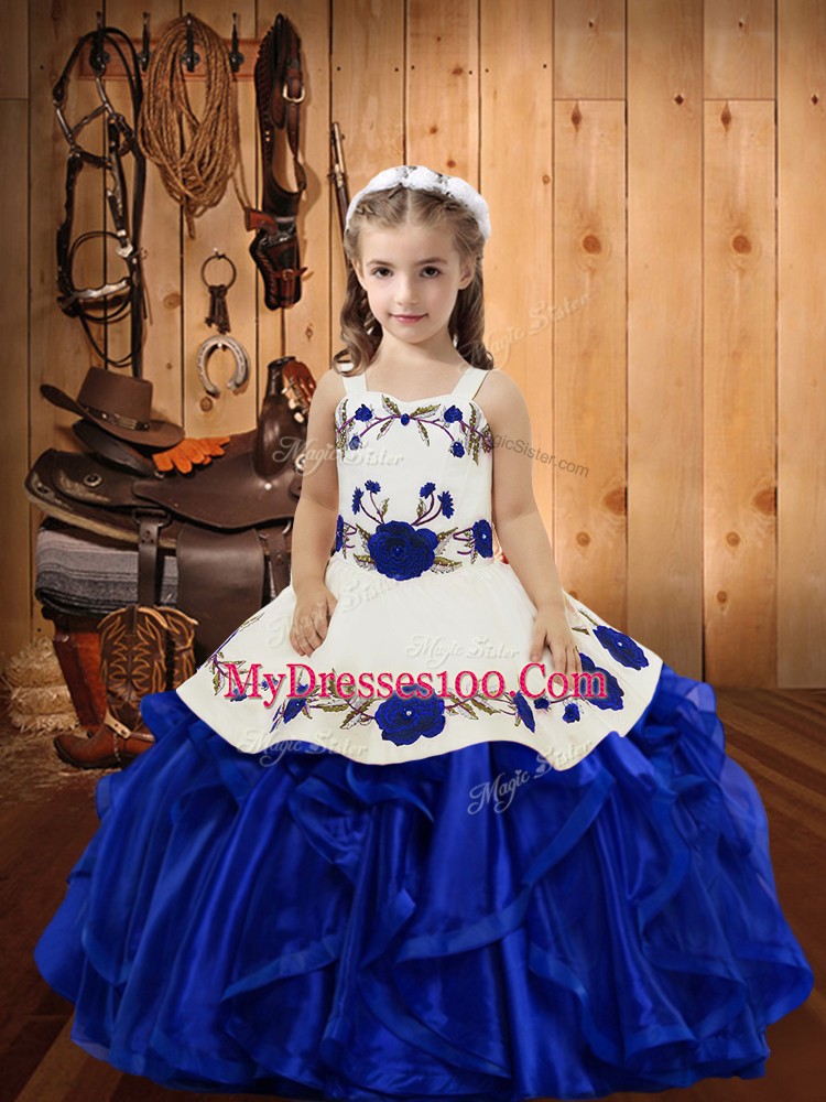 Straps Sleeveless Pageant Dresses Floor Length Embroidery and Ruffles Royal Blue Organza