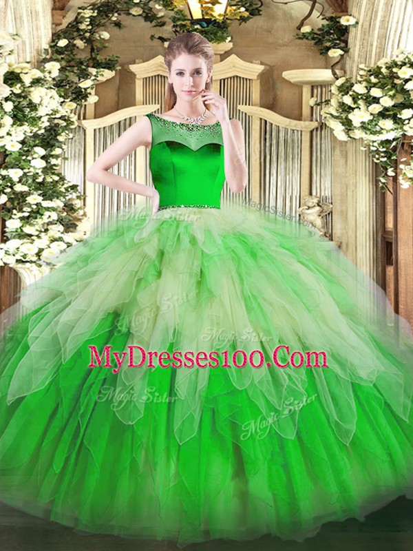 Super Ball Gowns Vestidos de Quinceanera Green Scoop Organza Sleeveless Floor Length Zipper