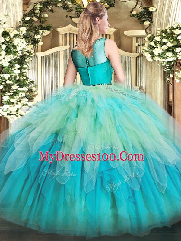Super Ball Gowns Vestidos de Quinceanera Green Scoop Organza Sleeveless Floor Length Zipper