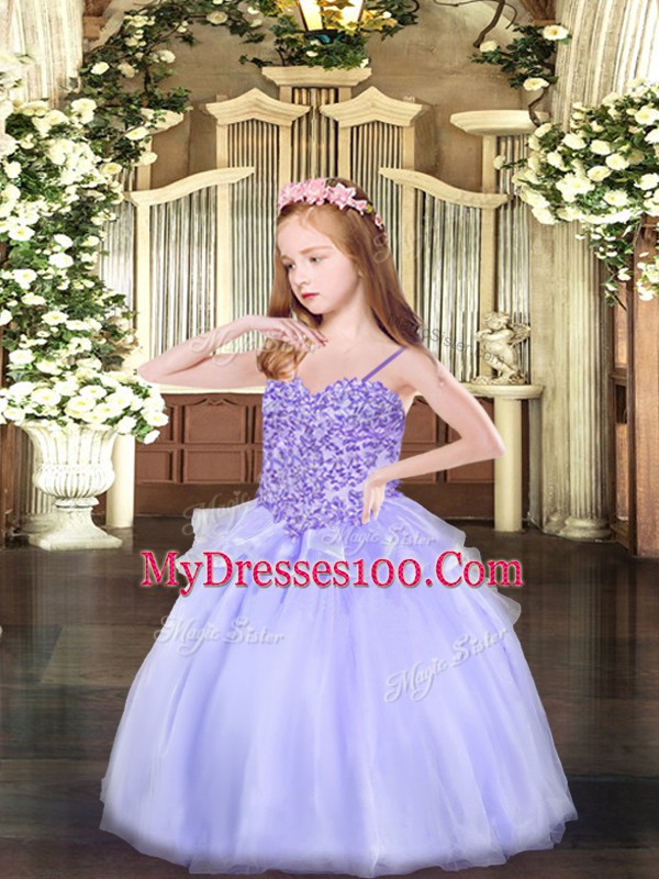 New Style Organza Sleeveless Floor Length Little Girl Pageant Gowns and Appliques