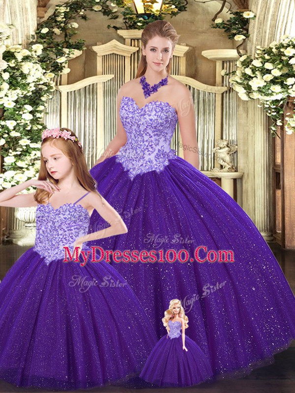 Purple Lace Up Sweetheart Beading Sweet 16 Dress Tulle Sleeveless